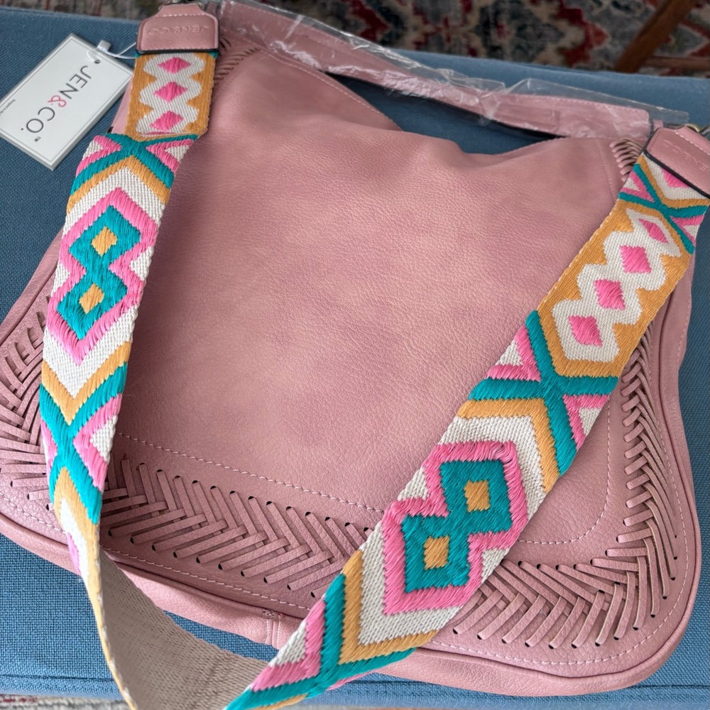 Blush Pink Shoulder Bag with Colorful Woven Strap by JEN & CO.